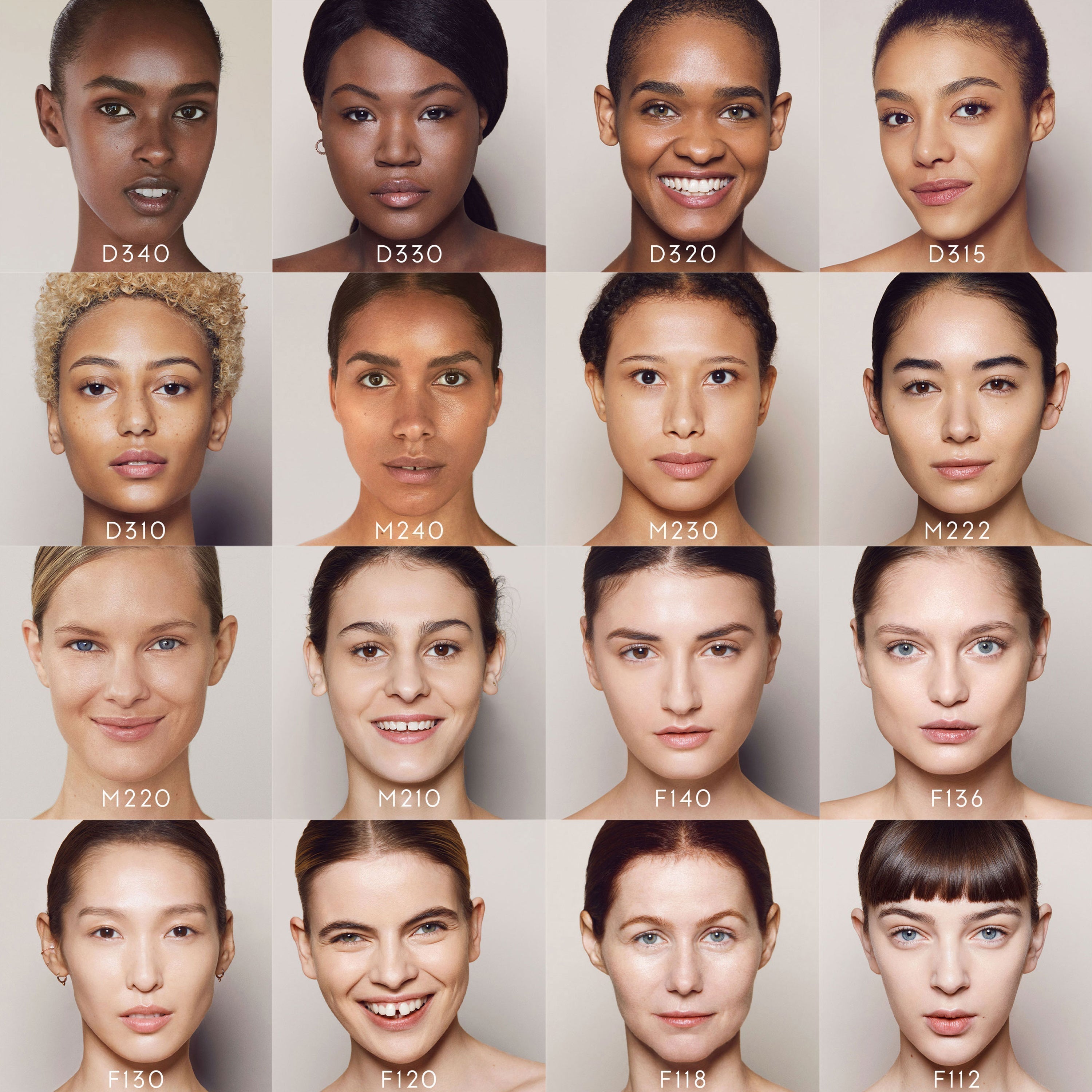 Close ups of various faces of different skin tones, from dark to light with the foundation shades they are wearing. F136 is the fifth-lightest shade shown.
