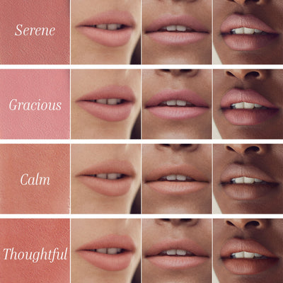 Collage of lips with different shades labeled 'Serene', 'Gracious', 'Calm', and 'Thoughtful'.