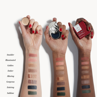 Makeup swatches on arms with product names listed, against a white background