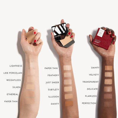 Three arms of three different skin tones all with a swatch of cream foundation from darkest to lightest shade. Weightless is the third-lightest shade on the lightest skin tone.