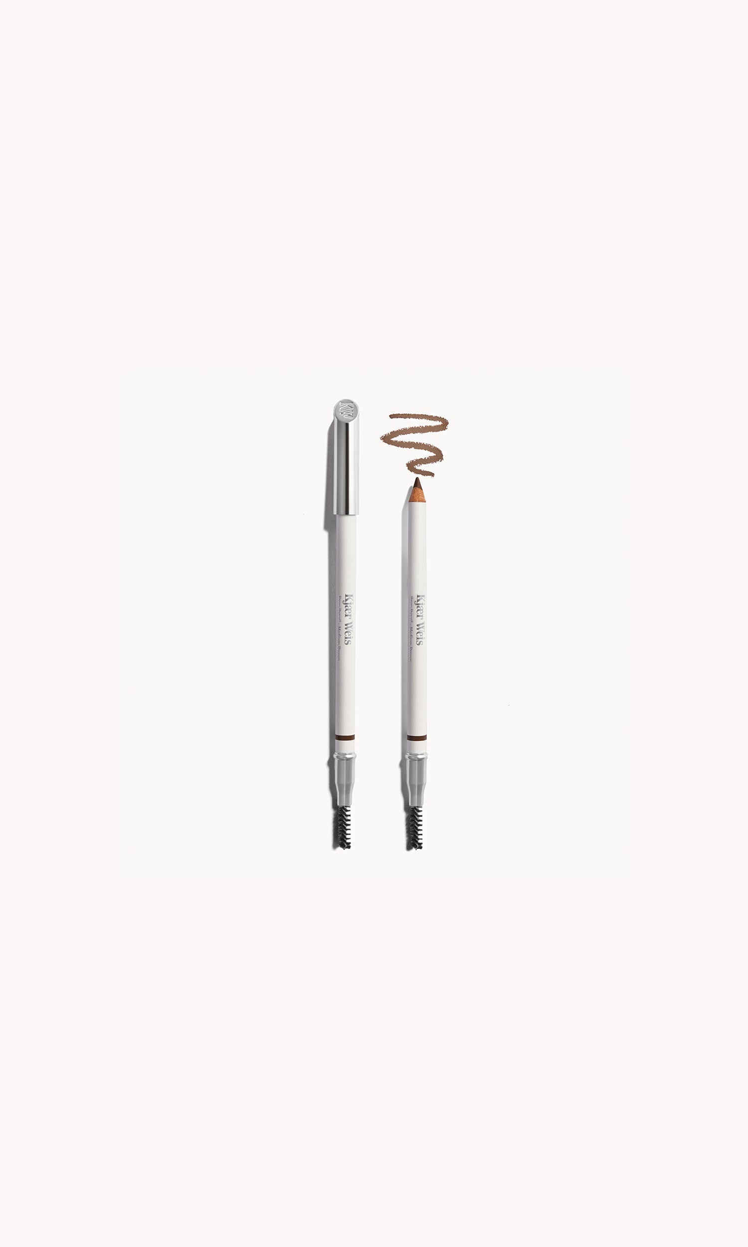 A brow pencil in medium brown color, displayed with its cap on and off, against a white background.